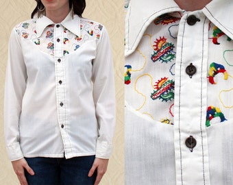 70&#39;s Cactus Embroidered Button Up, Women&#39;s size XS/S