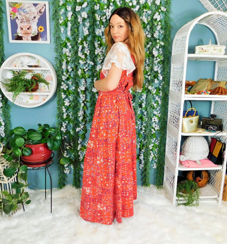 70s Red Bandana Maxi Dress / Paisley Print Vintage Dress Etsy