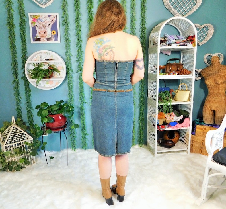 90s Denim Strapless Dress Vintage Blue Jean Stretch Body Con Dress by Rue 21