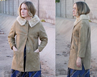 60&#39;s Suede Coat with Fur Collar, Jackie O Coat