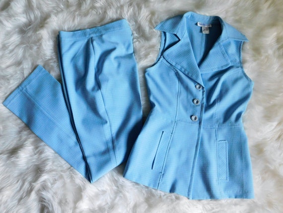 70's Vest Pantsuit / Vintage 2 pc. Light Blue Pol… - image 7