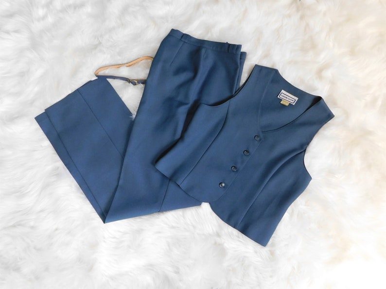 60's 70's Bobbie Brooks Polyester Pant Suit / Vintage 2pc. Pant & Vest Set..Slate Blue image 4