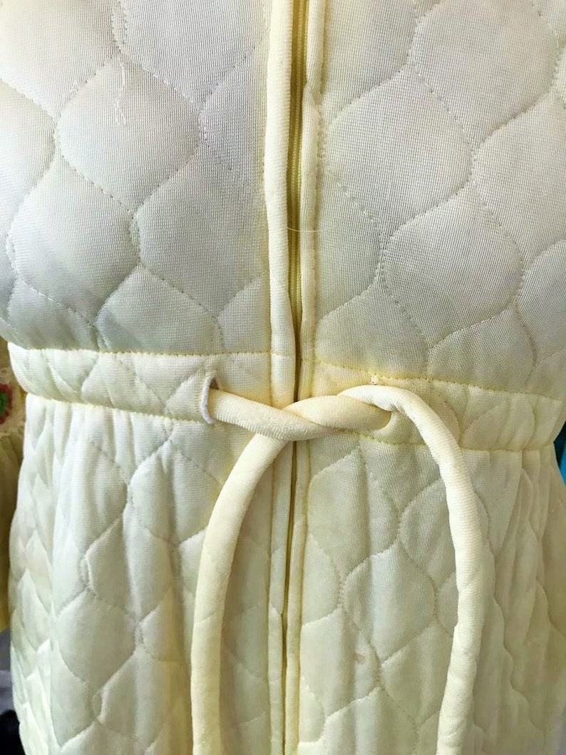 60s 70s Quilted Robe Vintage Yellow Housecoat with Floral Embroidery Trim Yellow Puffy Quilted Maxi Cinch waist Housecoat Robe