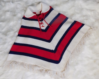 Vintage Crochet Poncho / 70s 80s Crochet Red White and Blue with Fringe Cape