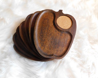 60's Apple Shape Wood Coaster Snack Plate Combo 7 pieces