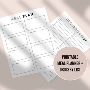 Puede incluir: Planificador de comidas y lista de la compra imprimible. El planificador tiene un espacio en blanco para cada día de la semana, de lunes a domingo, y una sección de notas. La lista de la compra tiene un espacio en blanco para cada artículo.