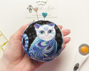Mini Cat Pincushion, Hearts and Cats Fabric, Weighted Sewing Pincushion
