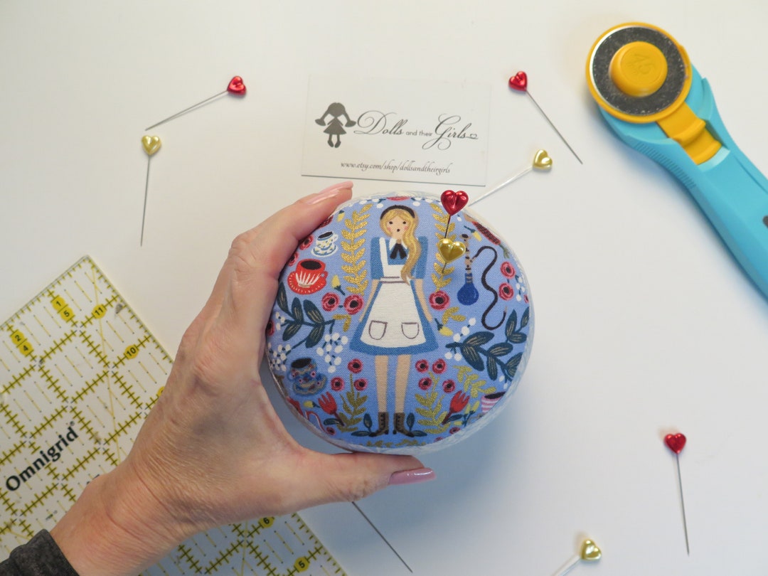 Small Sized Alice in Wonderland Pincushion Choose From Light Blue or Dark Blue Gifts for Sewist