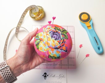 Small Hot Pink Painted Roses — Tula Pink Curiouser & Curiouser Pincushion - Tula Pink Pincushion, Painted Roses