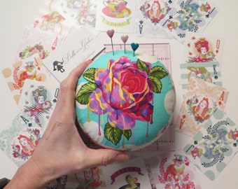Medium Painted Roses Pincushion - Aqua/Cream Tula Pink Pincushion, Painted Roses -- Beautiful Colors