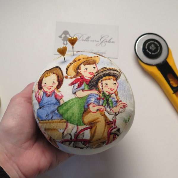 Small Nostalgic Cowgirl Pin Cushion -- Cowgirls Riding a Tricycle plus more scenes