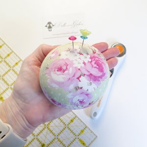 Mini Size Green Pink Flowers Pincushion -- Stitchy Gifts -- Floral Pin Cushion