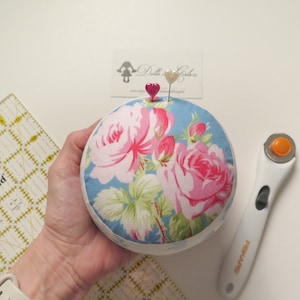 Small size Blue and  Pink Flowers Pincushion -- Flower Gifts -- Floral Pin cushion