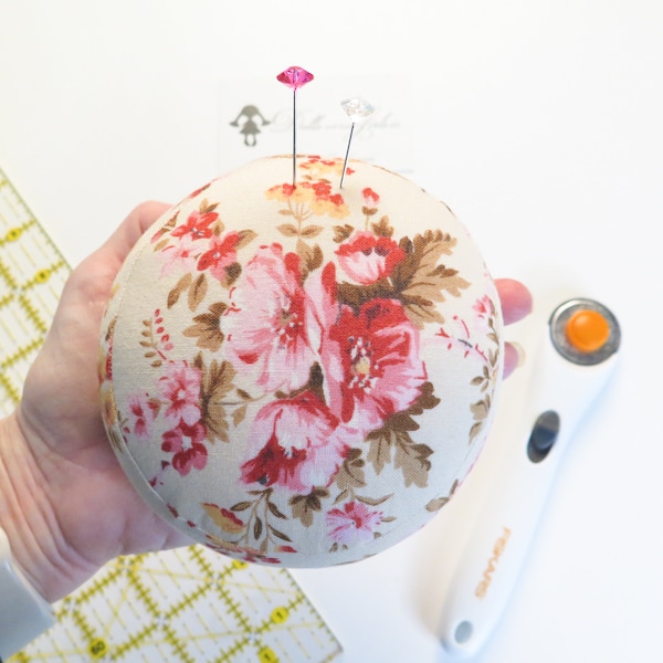 Small Size Pink Red Cream Floral Pincushion -- Verna Mosquera -- Floral Pin Cushion