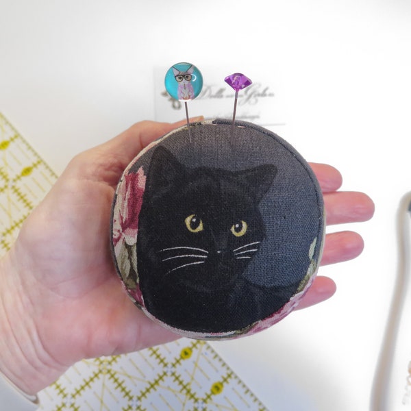 Mini OOAK Black Cat Pincushion -- Cat Momma Gift -- Stitchy Gift