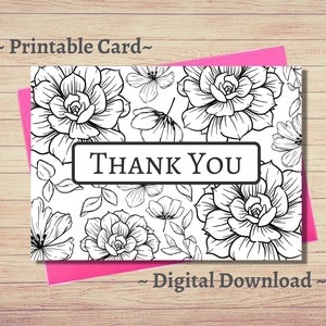 Tarjeta de agradecimiento imprimible / Gracias / Descarga instantánea en PDF / Tarjeta de felicitación de agradecimiento / Floral / Tamaño carta / Impresión / Flores / Colorear