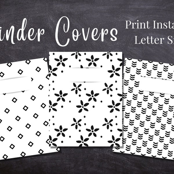 Black and White Binder Cover Printable / Letter size / School subject binder cover / Teacher / flowers / Printout / PDF / Menu / Homeschool