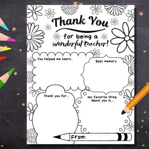 Teacher Thank You / Teacher Appreciation Week Printable / Teacher Coloring Page / All About My Teacher / Thank You Card / Teacher Printable