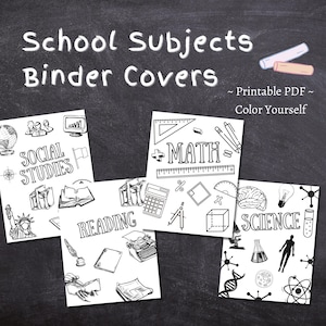 School Subjects Binder Cover Printable / Letter size / Teacher binder / Color Yourself / Printout / PDF / Homeschool Binder / Math / Science