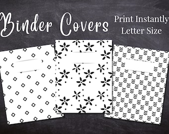 Black and White Binder Cover Printable / Letter size / School subject binder cover / Teacher / flowers / Printout / PDF / Menu / Homeschool