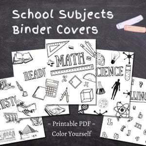 School Subjects Binder Cover Printable / Letter size / Teacher binder / Color Yourself / Printout / PDF / Homeschool Binder / Math / Science