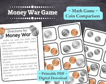 May include: A printable PDF game for kids called "Money War Game: Coin Comparison". The game includes instructions on how to play and a set of cards with images of coins.