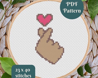 Finger Heart Cross Stitch Pattern / Instant Download PDF / Counted Cross Stitch / PDF Pattern / Digital Cross Stitch Pattern / I Love You