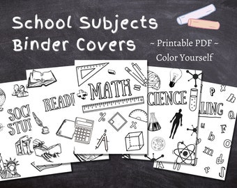 School Subjects Binder Cover Printable / Letter size / Teacher binder / Color Yourself / Printout / PDF / Homeschool Binder / Math / Science