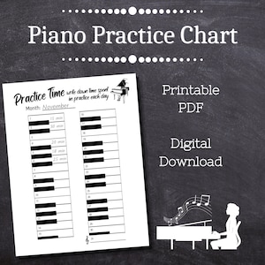 Könnte beinhalten: Ein schwarz-weißes druckbares Klavier-Übungsschema für den Monat November. Das Schema zeigt eine Klaviertastatur mit Platz zum Eintragen der Übungszeit für jeden Tag.