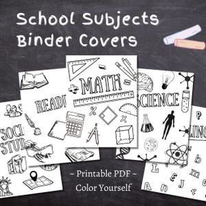 School Subjects Binder Cover Printable / Letter size / Teacher binder / Color Yourself / Printout / PDF / Homeschool Binder / Math / Science