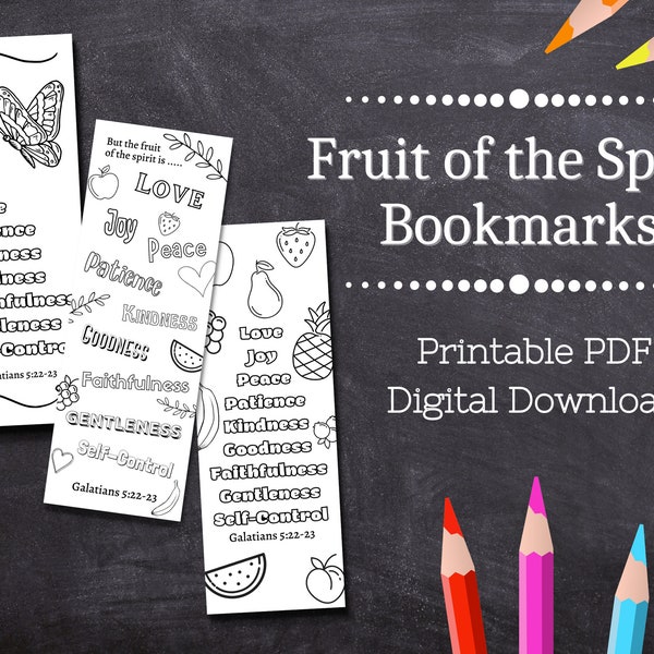 Fruit of the Spirit Bookmarks Printable / Bible verse/ Sunday School / Vacation Bible School / homeschool / Kids Children Church / coloring