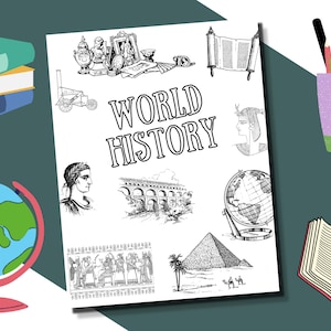 Op de afbeelding: Een zwart-witte illustratie van een wereldgeschiedenis-leerboek met afbeeldingen van een wereldbol, een piramide, een Romeins aquaduct en een rol. De tekst "WORLD HISTORY" staat in vetgedrukte letters op de omslag.