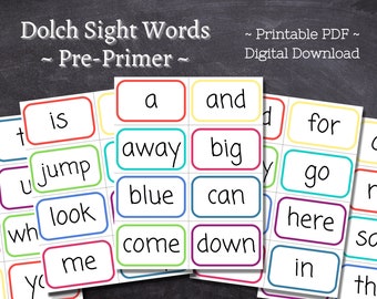 40 Dolch Sight Words Pre-Kindergarten Printable / Preschool / Sight Word Flashcards / Pre-Primer Sight Words / Pre-K sight words / colorful
