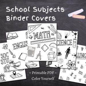 School Subjects Binder Cover Printable / Letter size / Teacher binder / Color Yourself / Printout / PDF / Homeschool Binder / Math / Science