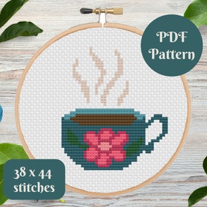Coffee Mug Cross Stitch Pattern / Instant Download PDF / Counted Cross Stitch / PDF Pattern / Digital Cross Stitch Pattern / Flower / Cafe