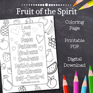Fruit of the Spirit Coloring Page Printable / Bible verse/ Sunday School / Vacation Bible School / homeschool / Kids Children Church / Color
