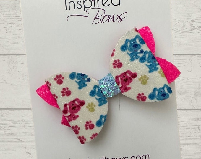 Blue and Pink Puppy Dog Paw Print Glitter Hair Bow