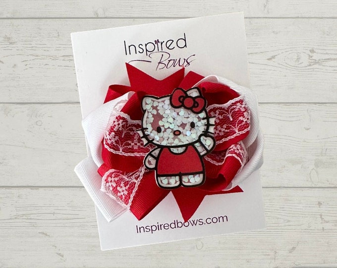 Kitty Shaker Hair Bow - Red White and Lace Detail