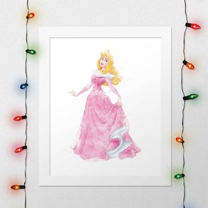 Impresión de la Bella Durmiente, Princesa Aurora, Arte de pared de princesa para guardería, Acuarela de la Bella Durmiente Aurora, Decoración de habitación de niña, Imprimible, Digital
