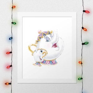 May include: A watercolour illustration of a white teapot with a purple and gold lid and a pink and white teacup. The teapot has a surprised expression and the teacup is smiling.