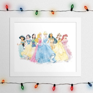 PASTELPRINSESSEN, aquarel, klassiek, Doornroosje, Assepoester, Ariel, Mulan, Aurora, Belle, groepsprinses, kunst aan de muur, kinderkamer, digitaal