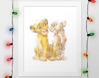 SIMBA AND NALA, Simba Nala Print, Lion King, Simba, Nala, Nursery Wall, Lion Watercolor, Lion King Nursery, Nursery Digital Print