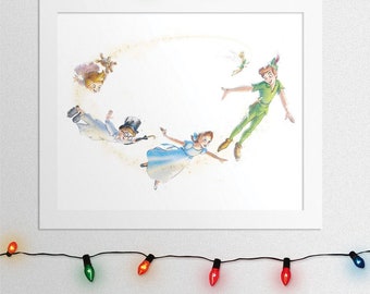 PETER PAN FLYING, Peter Pan Print, Peter Pan Watercolor, Peter Wendy Flying, Tinkerbell, Peter Pan Wendy Fly, Friends, Wall Art, Digital