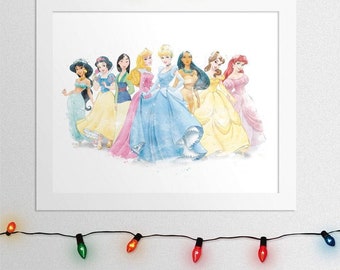 PASTEL PRINCESSES, Watercolor, Classic, Sleeping Beauty, Cinderella, Ariel, Mulan, Aurora, Belle, Group Princess, Wall Art Nursery, Digital