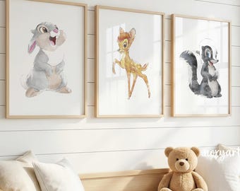 Bambi Thumper And Flower Nursery Wall Art Set Of 3, Woodland Animal Prints, Watercolor Baby Room Decor, Bambi Printable, Digital Prints