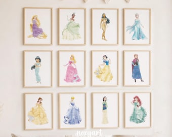 Princess Watercolor Prints Set of 12, Fairytale Princess Wall Art, Nursery Decor Girl Bedroom, Fantasy Printable Posters, Kids Room Decor