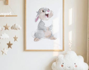 Thumper Nursery Print, Bambi Wall Art, Woodland Room Decor, Watercolor Bunny, Storybook Printable, Digital Print