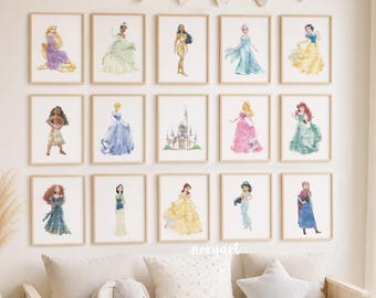 15 Princesses Watercolor Prints Set, Fairytale Nursery Wall Art, Classic Princesses Girls Bedroom Decor, Printable Kids Room, Digital Prints