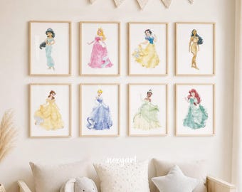 Princess Set Of 8 Prints, Fairytale Girls Room Decor, Princess Watercolor Wall Art, Nursery Printable, Princesses Collection, Digital Print