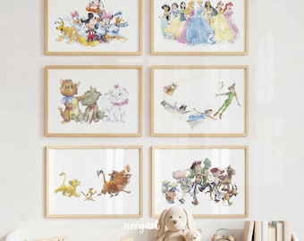 Classic Characters, Mickey and Friends, Princesses Group, Lion King, Toy Story, Aristocats, Peter Pan, Watercolor Wall Art, Digital